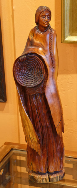 Bob Boomer, Native Woman w/ Wedding Basket Manzanita Wood Carving 13.5 in